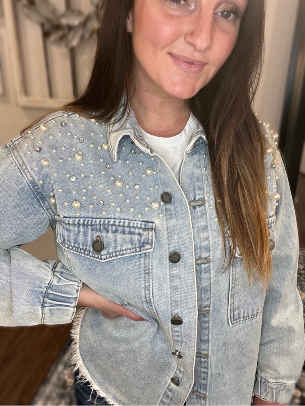 Pearl-Embellished Light Wash Denim Jacket